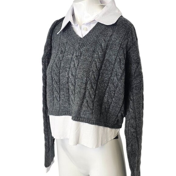 Anthropologie Pilcro Cropped Cable-Knit Twofer Sweater, Grey, White, Size S - Picture 9 of 9